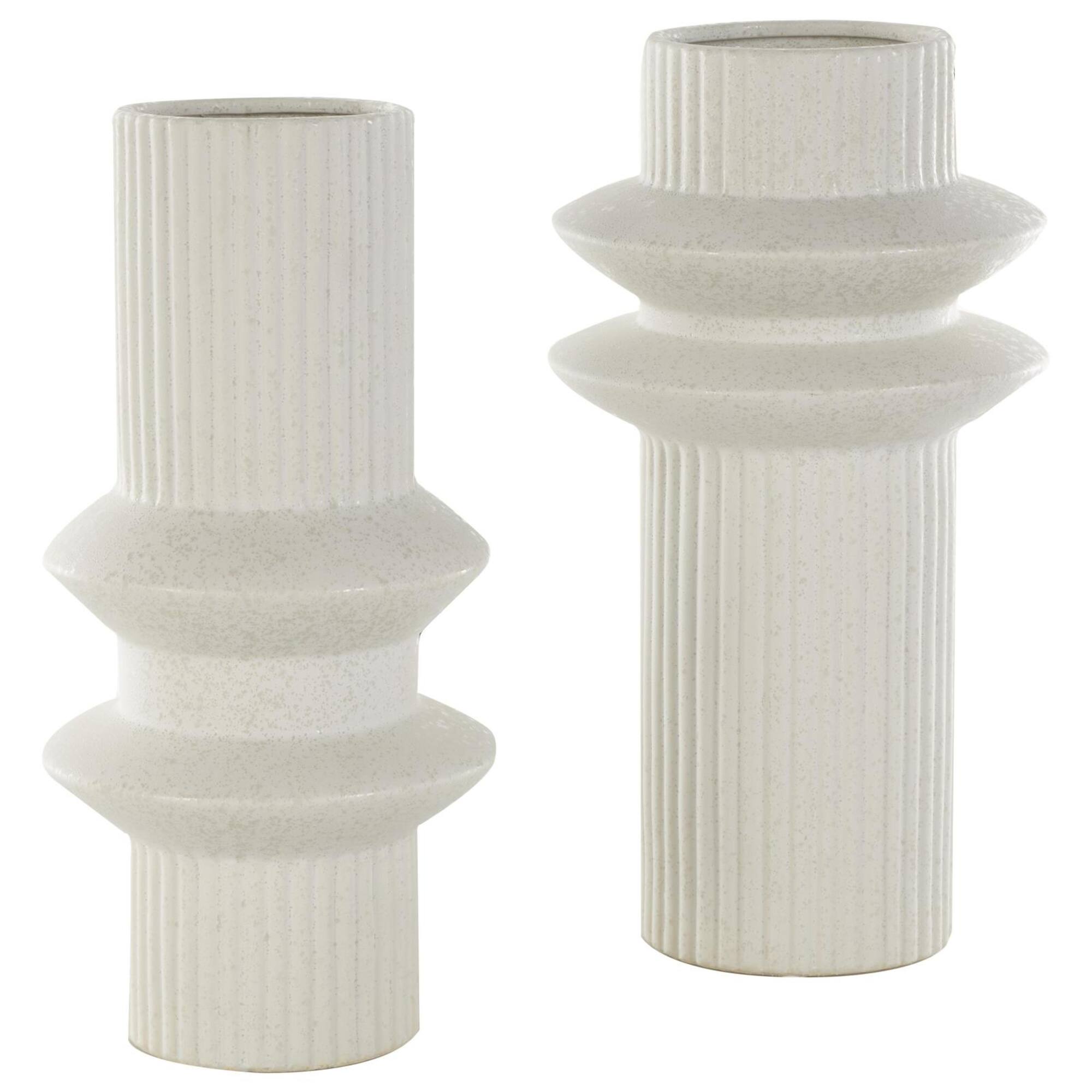 White Ceramic Abstract Ribbed Vase with Speckled Texturing